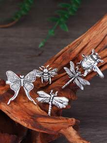 GuoShuang 5pcs Adjustable Animal Insect Rings Gothic Dragonfly Butterfly Moth Rings