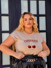Women's Cherry Cherry Plus Size Shoulder Pad Muscle Tee 100% Premium Cotton T-Shirt Blouse - Màu be - Xem 3