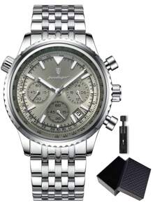 POEDAGAR 1件男士时尚石英表，不锈钢多功能日期计时防水夜光指针腕表，适合商务场合