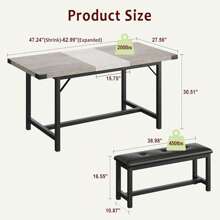 Dining Table Set For 4-6, 63" Dining Table Set, Extendable Kitchen Table With 2 Upholstered Benches, Strong Metal Frame Dinner Room Extendable Table Set For Small Space, Apartment, Rustic Gray - Xám - Xem 2