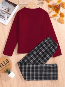 男童空调房居家服套装，长袖上衣搭配格子裤，防踢保暖，“Hi”印花衬衫搭配黑白格子裤，面料舒适，适合春、秋、夏三季穿着。 - 酒紅色 - 查看 2