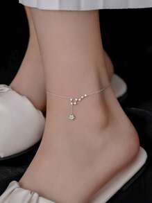 1pc S925 Sterling Silver Elegant Star Tassel Anklet, Inlaid Synthetic Cubic Zirconia, Ideal As Birthday Gift For Women - Silver - View 1