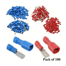 100 pezzi Connettori a cavo rossi/blu a pressione a freddo (maschio e femmina), per connessione di cavi e fili