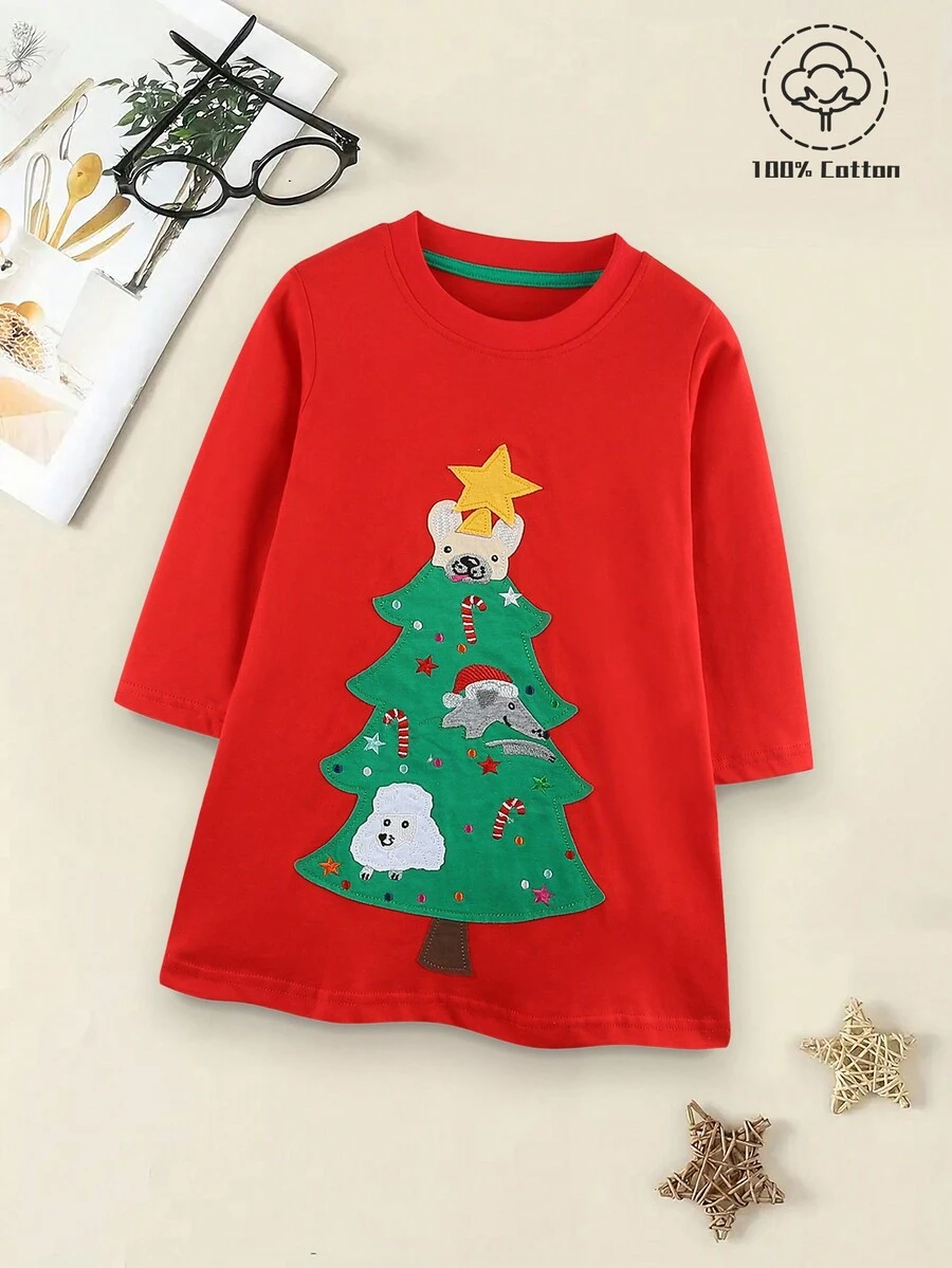 1 szt. Boże Narodzenie Młode Dziewczynki Kreskówkowa Choinka Drukuj Długi Rękaw Casual Princess Dress, Jesień - Czerwony - Zobacz 1