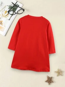 1 szt. Boże Narodzenie Młode Dziewczynki Kreskówkowa Choinka Drukuj Długi Rękaw Casual Princess Dress, Jesień - Czerwony - Zobacz 2