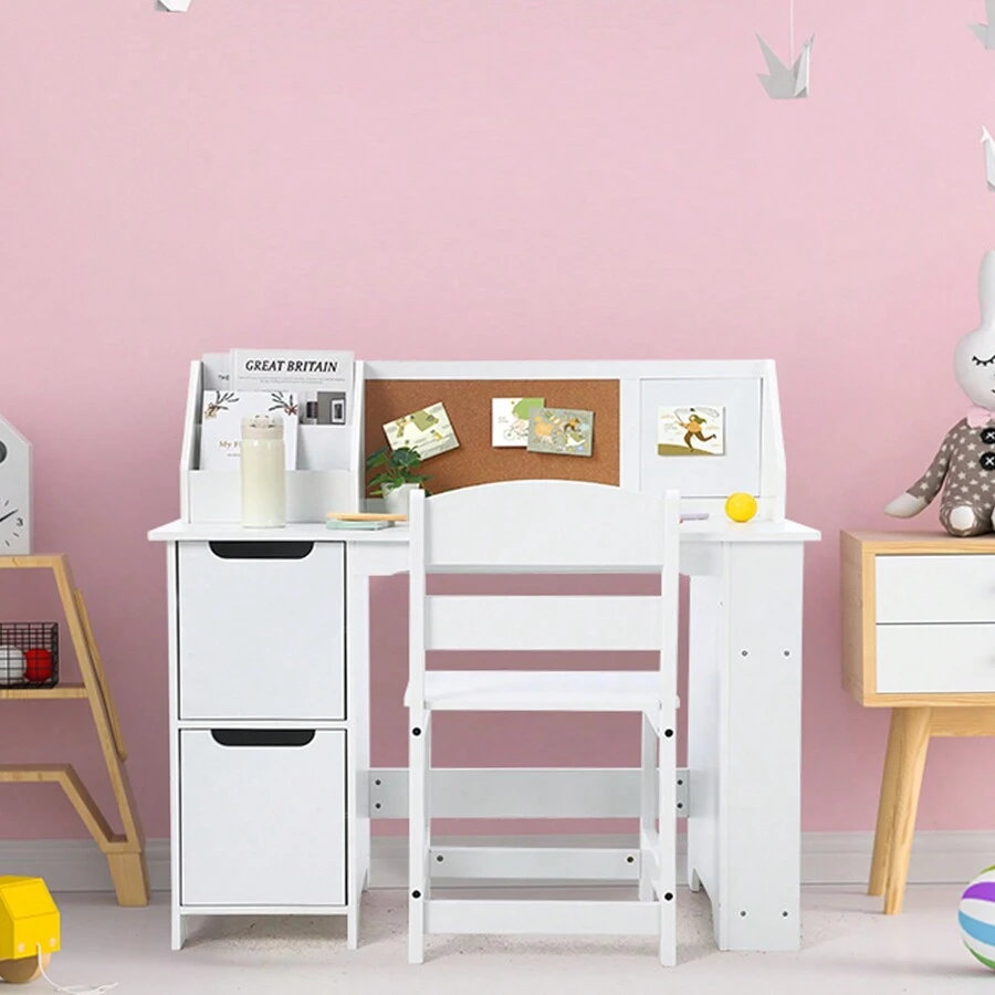 Kids Study Desk With Chair Set, Wooden Kids Study Table With Cabinet ...