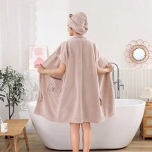 2pcs Set: Corn Kernels Sleeveless Bathrobe + Bathing Cap, Simple Style Thick Soft Fiber Swan Embroidery Bathrobe, Super Absorbent 4-Season Ladies Hooded Bathrobe & Loungewear - Multicolor - View 5