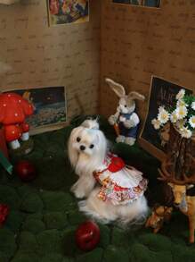 1pc Handmade Pet Dress, Strawberry Skirt & Backpack - Comfortable Fabric - Red and White - View 9