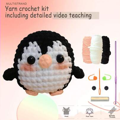 Kit de ganchillo DIY de pingüino con nariz rosa para principiantes, amigurumi animales de peluche - kit de iniciación de ganchillo en regalo, animal todo en uno kit de ganchillo completo con instrucciones y tutoriales en video paso a paso para adultos, muñeca de animal lindo DIY artesanía para decoración del hogar