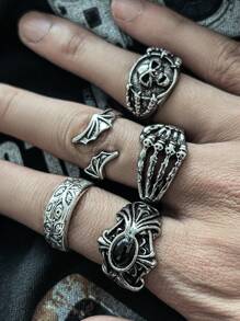 5 件/套时尚街头朋克风格骷髅眼设计戒指，男士休闲日常佩戴 - 復古銀色 - 查看 3