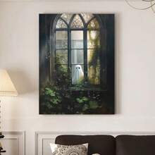 1pc Framed Vintage Ghost Canvas Wall Art Ghost Outside Looking In Cute Yet Spooky Aesthetic Poster Gothic Wall Art Spooky Halloween Decorations Gift For Halloween Lover Preppy Halloween Horror Wall Decor For Dorm Bedroom