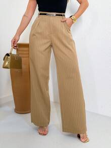 Striped Wide Leg Pants With Belt/SF503 - Lạc đà - Xem 3