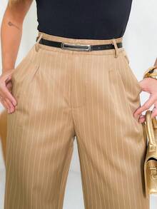 Striped Wide Leg Pants With Belt/SF503 - Lạc đà - Xem 4