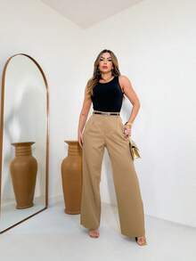 Striped Wide Leg Pants With Belt/SF503 - Lạc đà - Xem 2