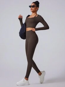 MASKERT Áo bó sát nữ, Bộ quần, Chạy bộ co giãn cao, Thể thao, Bộ yoga, Thoải mái và thân thiện với da - Cà phê nâu - Xem 4