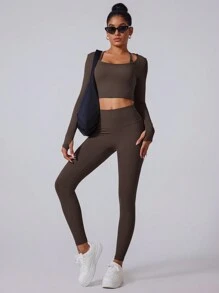 MASKERT Áo bó sát nữ, Bộ quần, Chạy bộ co giãn cao, Thể thao, Bộ yoga, Thoải mái và thân thiện với da - Cà phê nâu - Xem 1