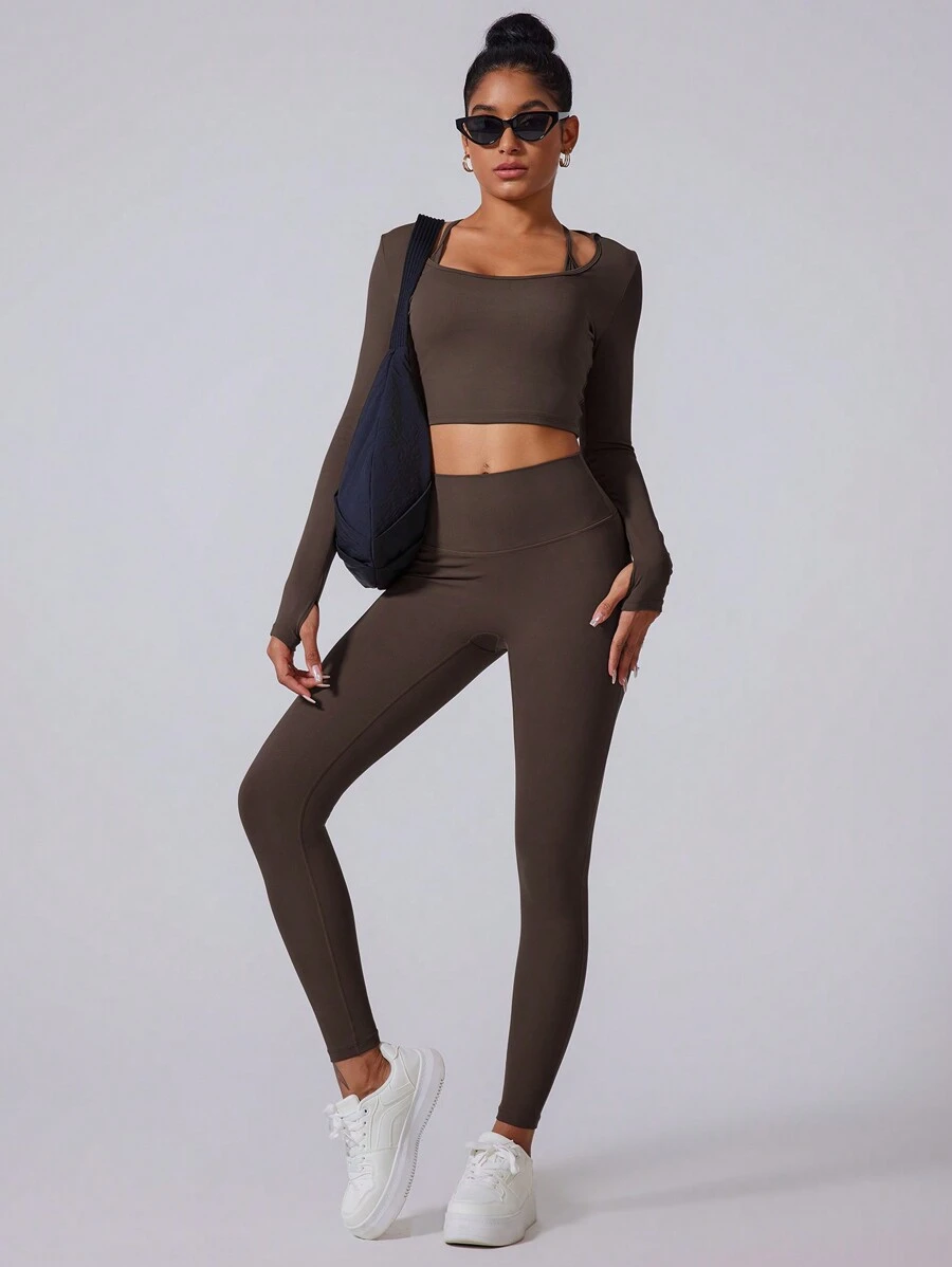 MASKERT Áo bó sát nữ, Bộ quần, Chạy bộ co giãn cao, Thể thao, Bộ yoga, Thoải mái và thân thiện với da - Cà phê nâu - Xem 1