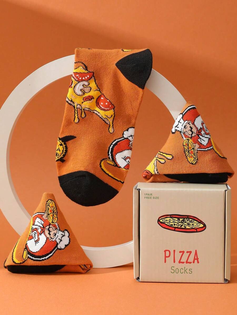 CREATOR SOCKS 1双装男女通用彩色披萨图案中筒袜，创意趣味礼品袜，舒适透气材质，适合情人节、家庭聚会、休闲、节日、生日礼物等各种场合，四季皆宜