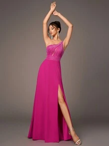 女式水钻点缀单肩露背高开衩腰系带晚礼服，优雅奢华的紫红色单肩修身开叉正式礼服，适合所有正式场合，如音乐会、婚礼、派对、庆典、舞会和伴娘、派对礼服、婚礼宾客 - 玫紅色 - 查看 3