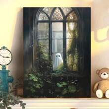 1pc Framed Vintage Ghost Canvas Wall Art Ghost Outside Looking In Cute Yet Spooky Aesthetic Poster Gothic Wall Art Spooky Halloween Decorations Gift For Halloween Lover Preppy Halloween Horror Wall Decor For Dorm Bedroom