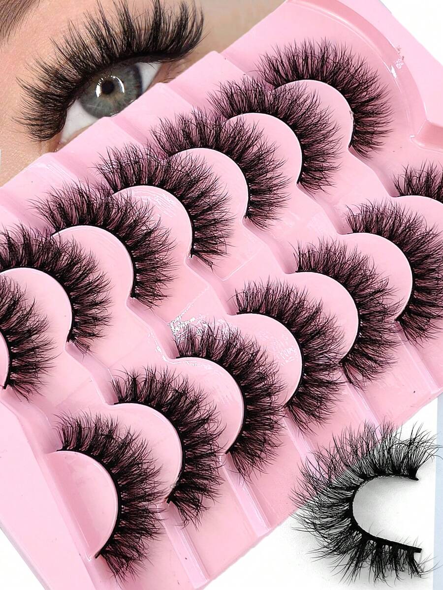 7 对装蓬松浓密假睫毛水貂睫毛猫眼造型纤长 8D 浓密假睫毛条狐狸眼提升造型延长全睫毛条，让您的眼角变长变浓密 - 黑色 - 查看 1