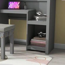 Study Desk And Chair Set, Kids Desk And Chair Set, Wooden Kids Computer Desk With Detachable Cushion Stooll, House-Shaped Desk With Storage Shelf For Bedroom Christmas Gift - 灰色+松木+美式設計 - 查看 3