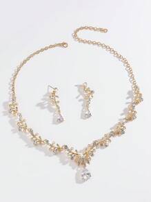 3PCS Golden Party Element Necklace Earrings Set Cubic Zirconia Studs Alloy Chain Bridal Wedding Dress Accessories - Multicolor - View 2