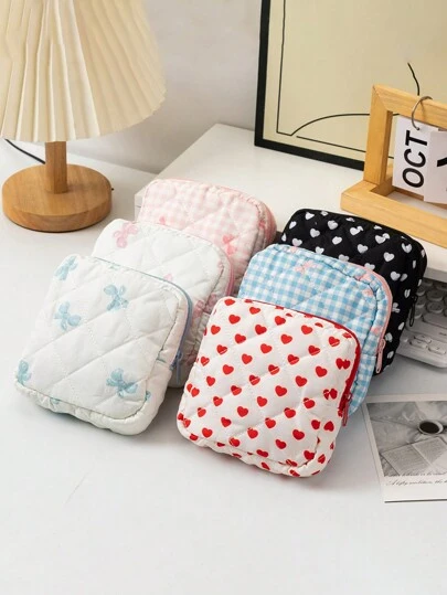 1 Quilted Bow Heart-Shaped Data Cable Storage Bag, Cosmetic Storage Bag, Sundries Storage Bag, Large Capacity And Portable, Suitable For Travel And School Season Storage, Gifts For Friends And Relatives Cable Organizer