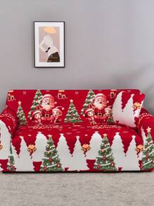1pc Santa Claus Printed Elastic Spandex Milk Silk Sofa Cover + 1pc 42*42cm Pillow Cover, Christmas - Red - View 1