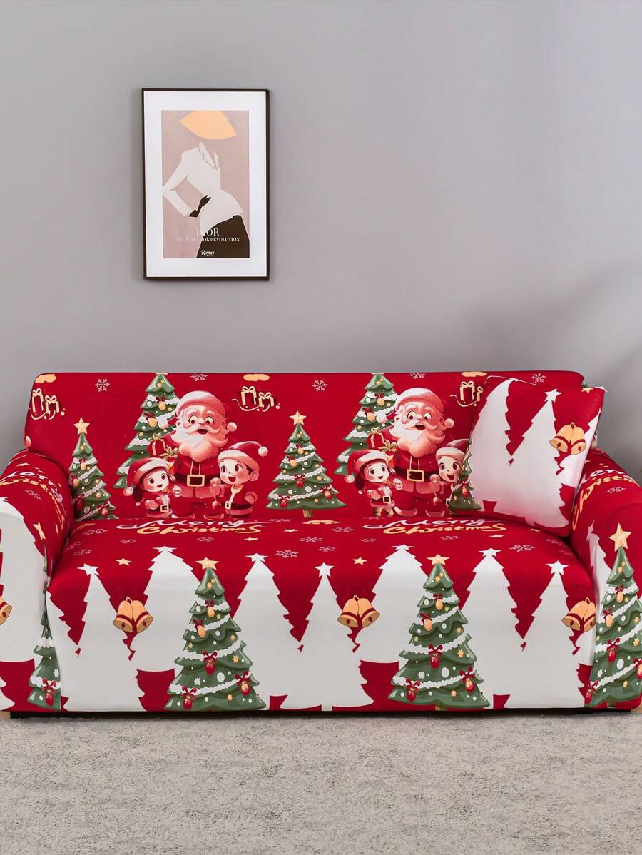 1pc Santa Claus Printed Elastic Spandex Milk Silk Sofa Cover + 1pc 42*42cm Pillow Cover, Christmas - Red - View 1