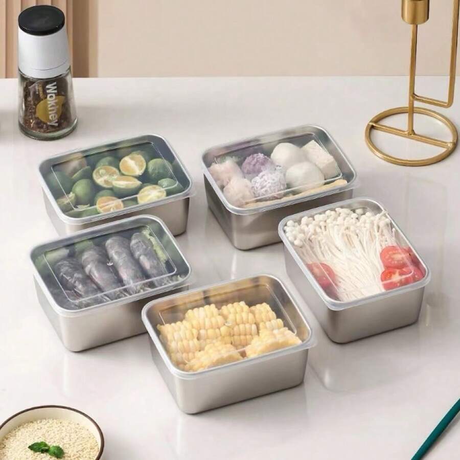 Set de 6 cajas de almacenamiento de alimentos de acero inoxidable 316, a prueba de fugas y reutilizables, caja de almuerzo con tapa apilable para carnes, frutas y verduras, organización y almacenamiento de cocina, accesorios de cocina, regalo de Navidad