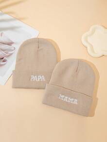 2pcs Papa & Mama Solid Color Knit Beanies, Autumn And Winter - 2pcs - View 3