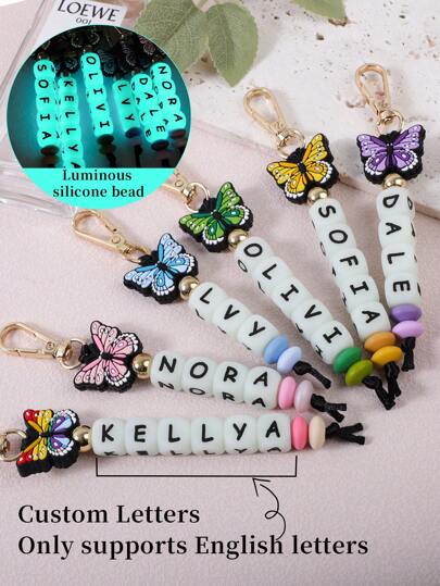 1pc Customized Beautiful Butterfly Silicone Glow-In-The-Dark Letter Beaded Keychain - Customizable Bag Accessory, Name, Anti-Lost Chain,Engraved,Stainless,Colorful,Cute,Adorable,Funny,Kawaii,Y2K,Stylish,Unisex,Casual,Custom,Personalized,Unique,Customized,Ideal Gifts For Him,Ideal Gifts For Her,Her,Boyfriend,Girlfriend,Family,Friends,Children,For Anniversaries,For Valentine's Day,For Mother's Day,For Birthdays,For Children's Day,For Father's Day,For Graduation,For Weddings,For Housewarming,Durable,Colorful,Cute,Adorable,Funny,Kawaii,Y2K,Stylish,Unisex,Casual,Custom,Personalized,Unique,Customized,Ideal Gifts For Him,Ideal Gifts For Her,Her,Boyfriend,Girlfriend,Family,Friends,Chic Autumn,Apparel Accessories,Customized Keychains & Accessories
