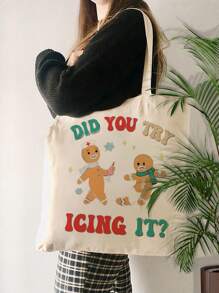 VOESETO 1 件趣味圣诞护士你试过涂糖霜图案手提包单肩包适合旅行日常通勤女士可重复使用的购物袋，送给她的最佳礼物，时尚折叠单肩包夏季海滩度假包 - 米色 - 查看 10