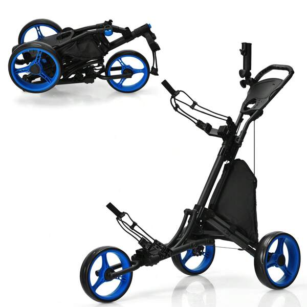 3-Wheel Golf Push Cart, Quick Folding Golf Walking Push Cart, Golf Bag Holder With Tin Foil Coated Storage Bag, Elastic Strap, Adjustable Umbrella & Cup Holder, Scoreboard Storage & Foot Brake, Golf Cart For Golf Clubs, Blue