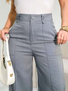 ADD MODA FEMININA EIRELI- AS1331 Women's Palazzo Pants, High Waist, With Side Pockets, Romantic Fabric, Elegant, Formal, Modern, National Shipping New Collection 2024 - Xám - Xem 4