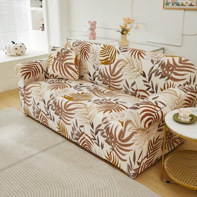 1pc [One Pillow Cover Included Per Size] Faux Milk Silk Sofa Cover, Plant Leaf Pattern, Fits Single/Loveseat/3-Seater/4-Seater Sofa, Protects Sofa From Pet Scratches, Decorative For Holidays, High Elasticity For All Seasons, Machine Washable With Detachable Skirt