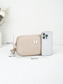 女士绗缝斜跨单肩包，时尚蝴蝶装饰小方包，PU 皮革休闲斜挎包，适合购物、休闲 - 杏色 - 查看 3