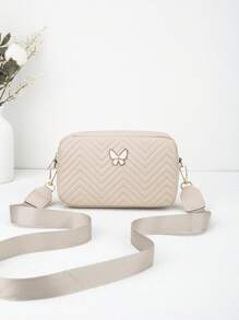 女士绗缝斜跨单肩包，时尚蝴蝶装饰小方包，PU 皮革休闲斜挎包，适合购物、休闲 - 杏色 - 查看 1