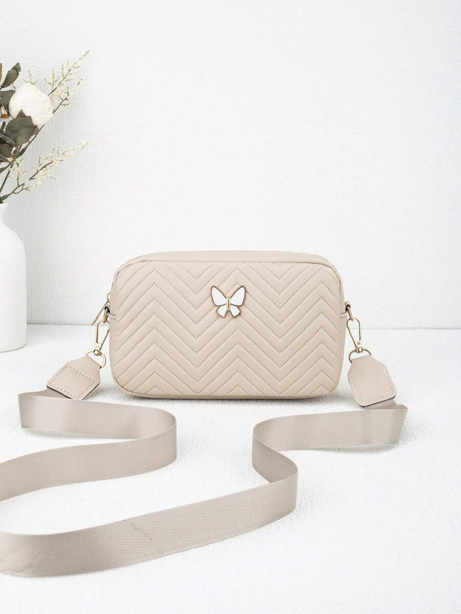 女士绗缝斜跨单肩包，时尚蝴蝶装饰小方包，PU 皮革休闲斜挎包，适合购物、休闲 - 杏色 - 查看 1