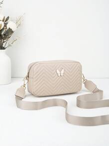 女士绗缝斜跨单肩包，时尚蝴蝶装饰小方包，PU 皮革休闲斜挎包，适合购物、休闲 - 杏色 - 查看 2