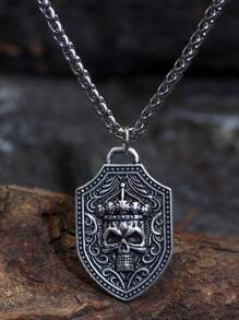 GuoShuang Fashionable and Popular Men Skull Pendant Necklace Alloy for Vacation and for a Stylish Look - Antique Silver - View 5