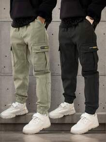 2pcs Tween Boys Casual Sports Outdoor Pocket English Graphic Cargo Pants, Spring & Autumn - Black - View 3