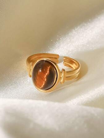 Vintage Elegant Oval Tiger Eye Gemstone Adjustable Open Ring For Women - Synthetic Stone,Natural Stone, Gold-Tone Stainless Steel, Gift For Daily And Special Occasions