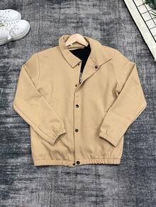 青少年男童卡其色华夫格纹长袖休闲百搭外套，2024春秋新款