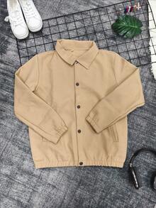 青少年男童卡其色华夫格纹长袖休闲百搭外套，2024春秋新款