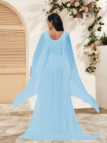 Maternity Chiffon Flowy Sleeve Dress With Trailing Hem, Suitable For Baby Shower And Maternity Photoshoot - Baby Blue - View 2