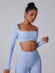 MASKERT Women's Tight Fitting Short Top, Sports Long Sleeved T-Shirt, Physical Sun Protection, Yoga Long Sleeved Shirt - Màu xanh bụi bặm - Xem 1