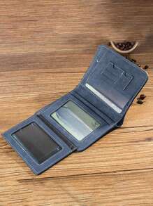 1个男士哑光皮革三折钱包，复古竖款钱包，带卡槽，男士必备礼物 - 藍色 - 查看 2