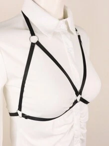 1件黑色性感束缚胸罩内衣哥特式束缚笼胸罩女士露脐连体衣涤纶镂空弹力带 - 黑色 - 查看 5